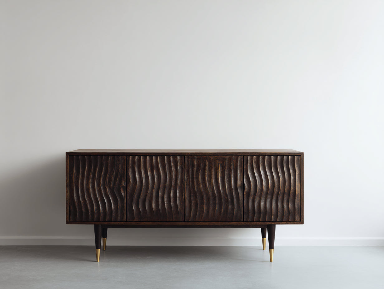 Meuble d'entrée en bois brun foncé-doré 178x43x77 cm - adapté à l'entrée - façades sculptées style contemporain