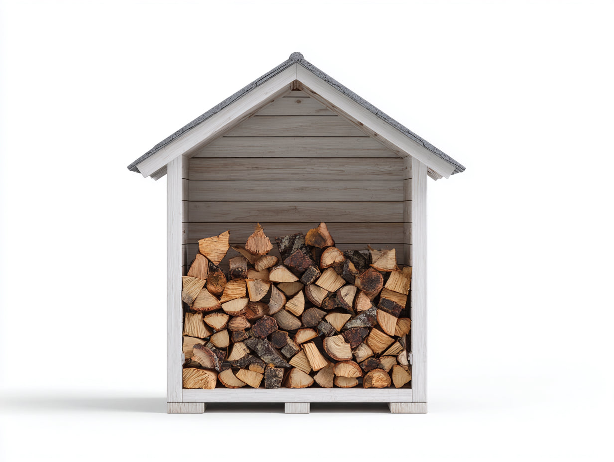 Abri à bûches en bois blanc-gris 120x55x150 cm - adapté au jardin - style rustique avec toit incliné