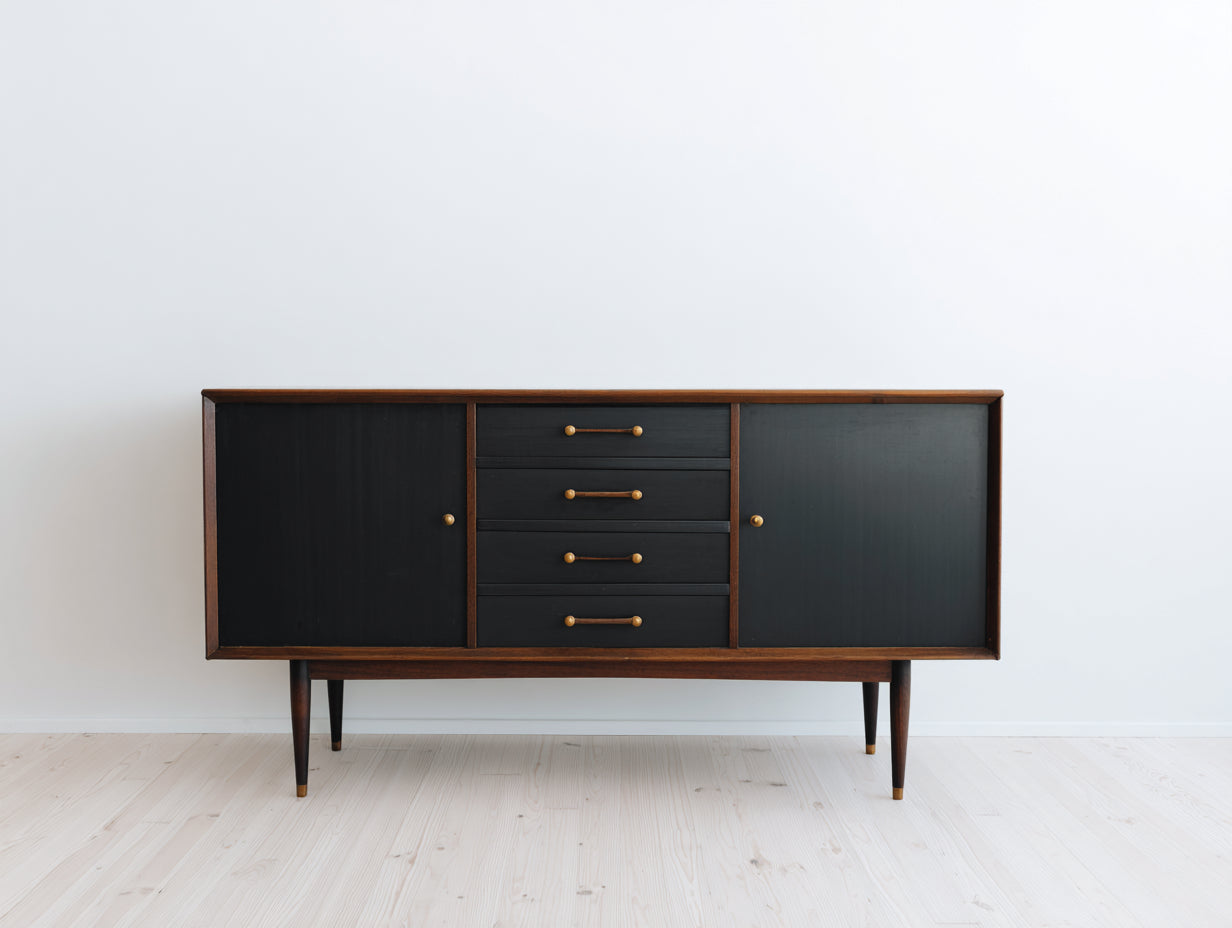 Meuble d'entrée en bois noir et noyer 160x40x80 cm - adapté à l'entrée - style vintage avec portes et tiroirs