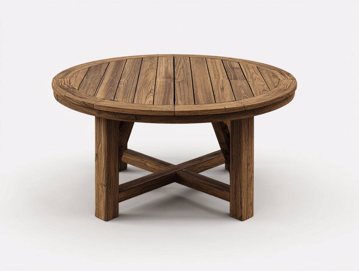 Table de jardin en bois brun naturel 138x138x74 cm - adapté à l'extérieur - style rustique avec piètement croisé