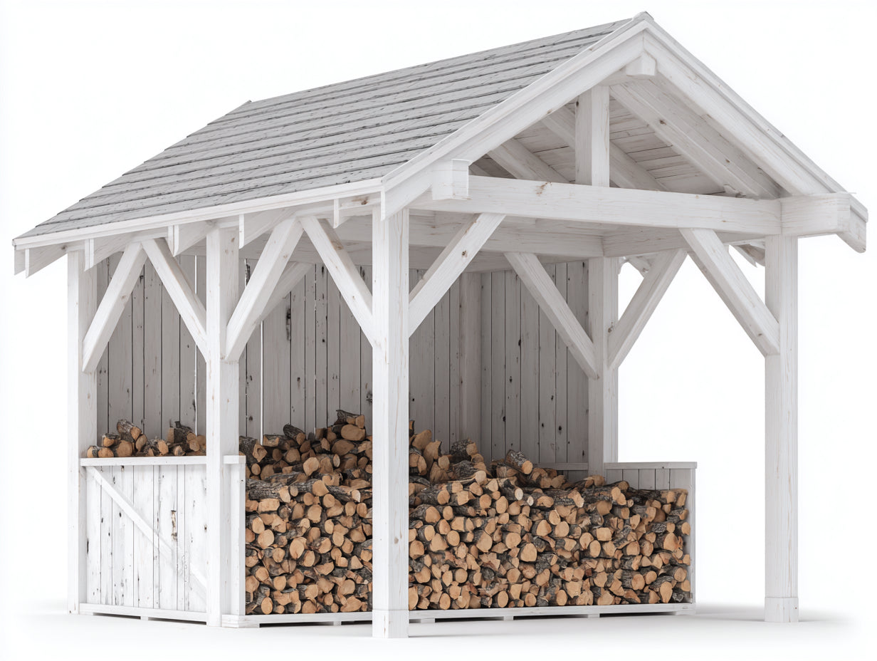 Abri à bûches en bois blanc-gris 230x90x210 cm - adapté au jardin - style rustique avec toit incliné