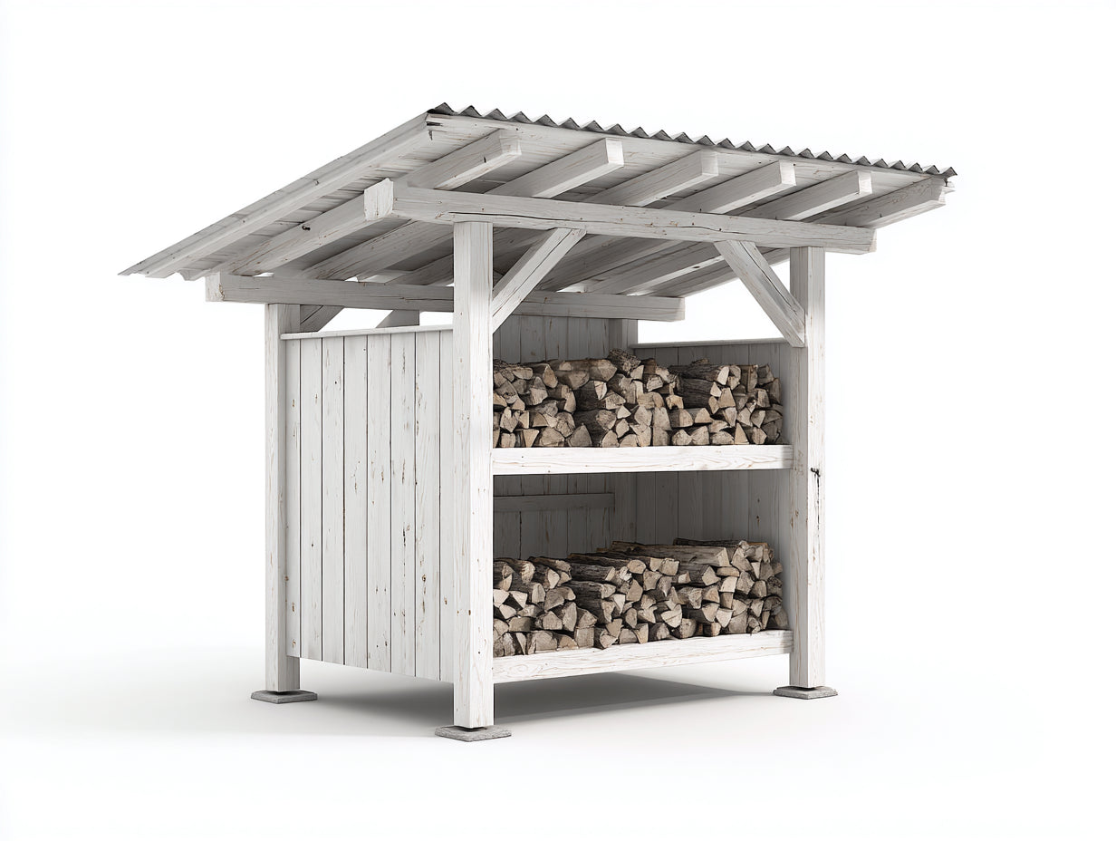 Abri à bûches en bois blanc vieilli 175x68x168 cm - pour jardin - toit ondulé - style rustique