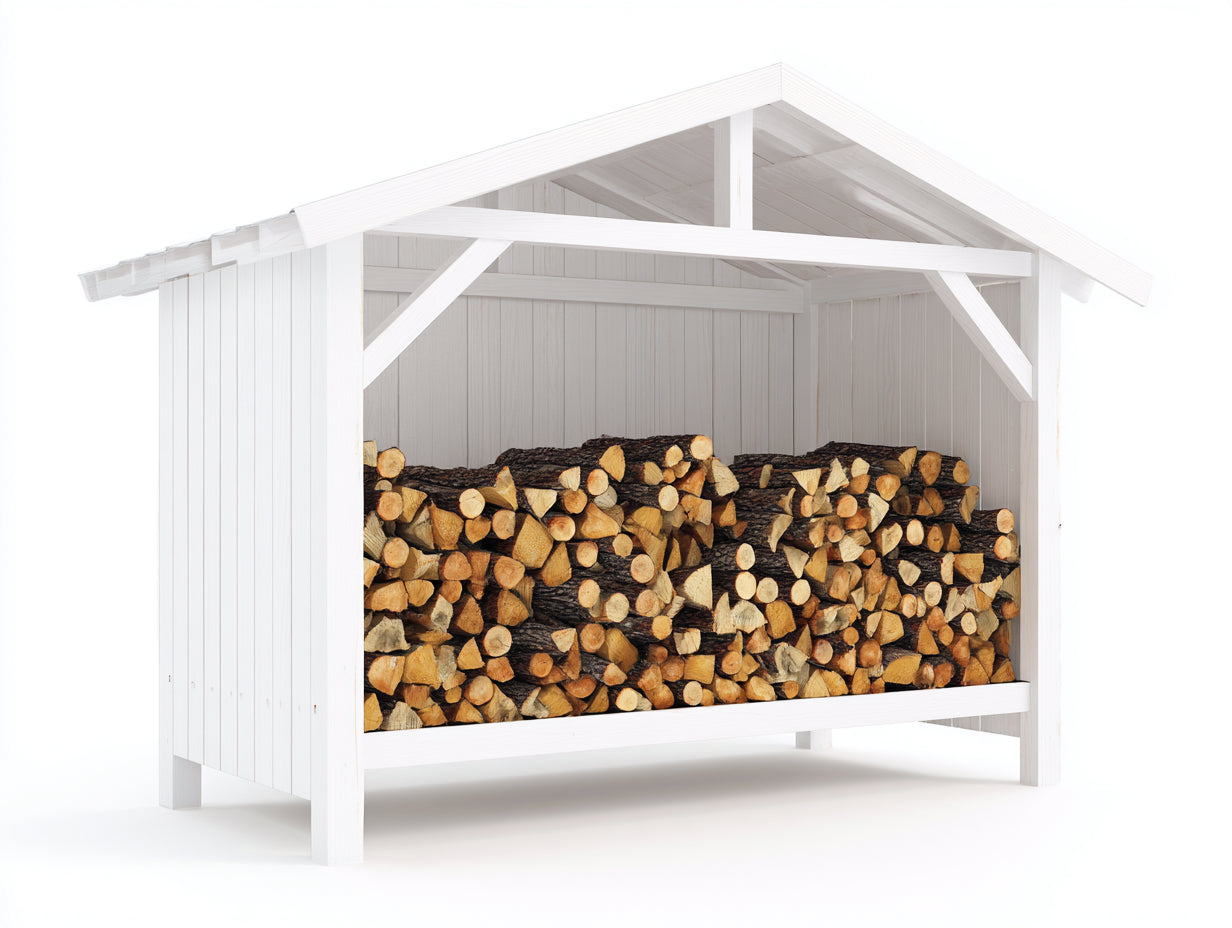 Abri à bûches en bois blanc 190x70x175 cm - adapté au jardin - style rustique avec toit incliné