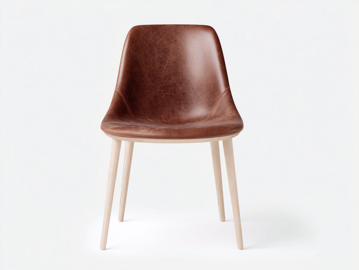 Chaise de salle à manger en cuir marron-bois naturel 53x54x82 cm - adaptée à la salle à manger - style contemporain avec dossier incurvé