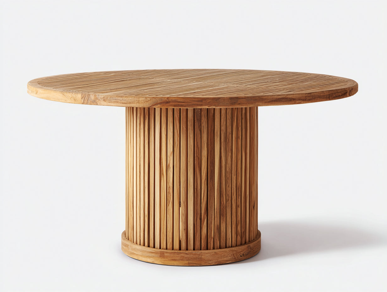 Table de jardin en bois naturel 125x125x76 cm - plateau rond rainuré - base cylindrique - style moderne - Adapté au jardin