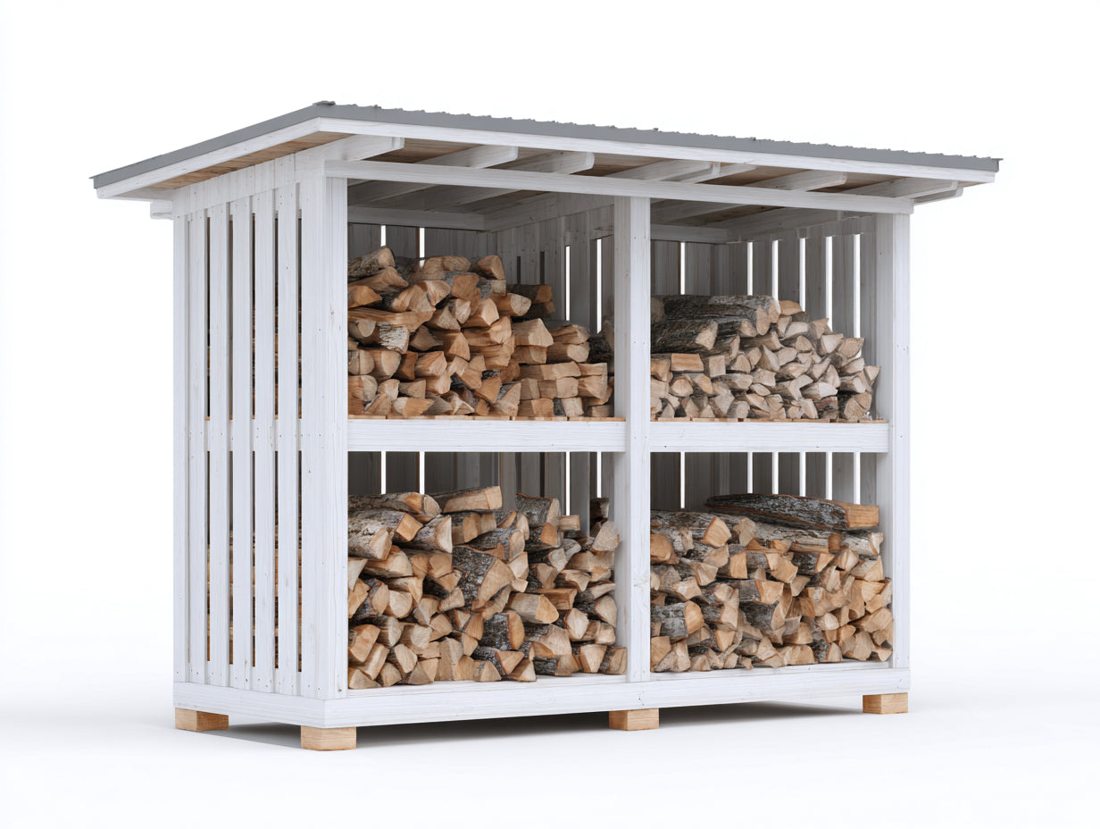 Abri à bûches en bois blanc-gris 200x65x180 cm - adapté au jardin - style rustique avec toit plat incliné
