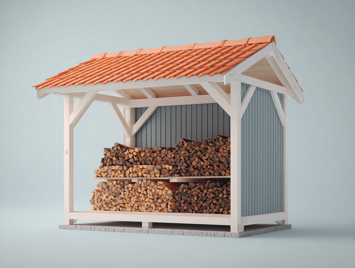 Abri à bûches en bois blanc-gris-orange 210x75x185 cm - adapté au jardin - style rustique avec toit en tuiles