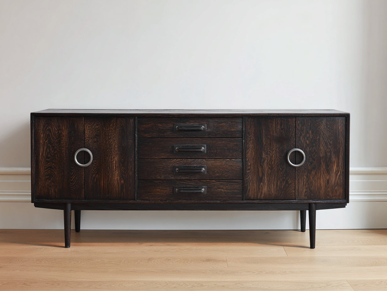 Meuble d'entrée en bois brun foncé 180x43x79 cm - adapté à l'entrée - style vintage avec portes et tiroirs