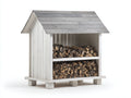 Abri à bûches en bois blanc vieilli 135x62x158 cm - pour jardin - toit gris - style rustique