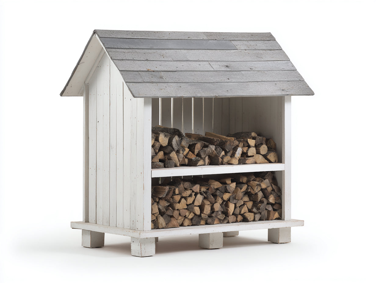 Abri à bûches en bois blanc vieilli 135x62x158 cm - pour jardin - toit gris - style rustique
