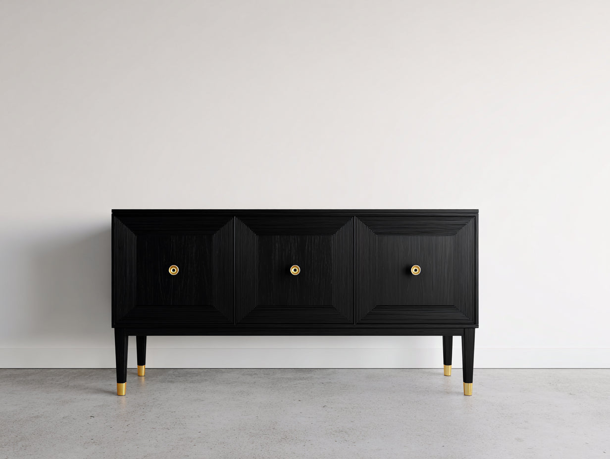 Meuble d'entrée aspect bois noir 150x40x76 cm - pour entrée - façades rainurées - style moderne