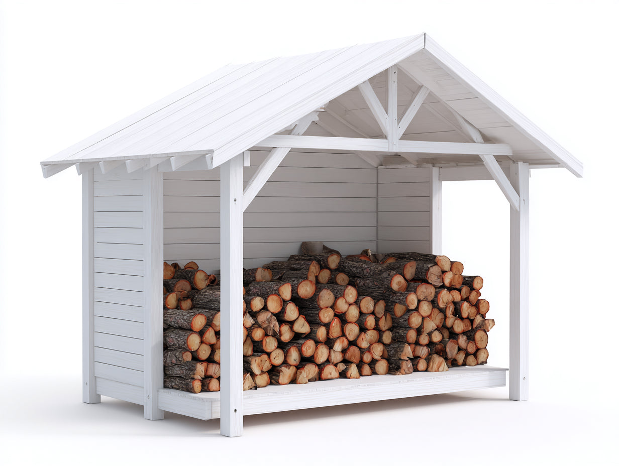 Abri à bûches en bois blanc 195x72x178 cm - adapté au jardin - style rustique avec toit incliné