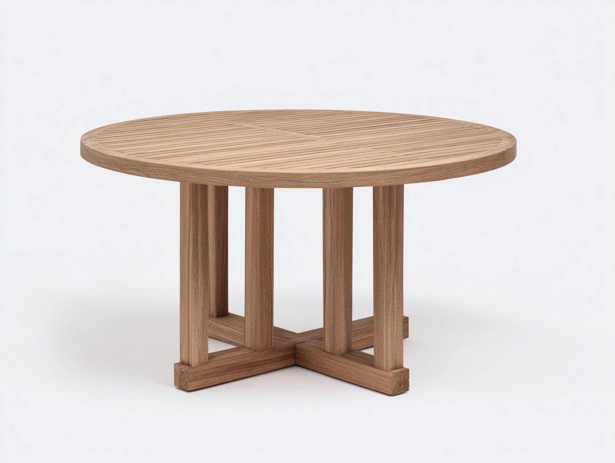Table de jardin en bois naturel 126x126x75 cm - plateau rond à lattes - base croisée - style moderne - Adapté au jardin