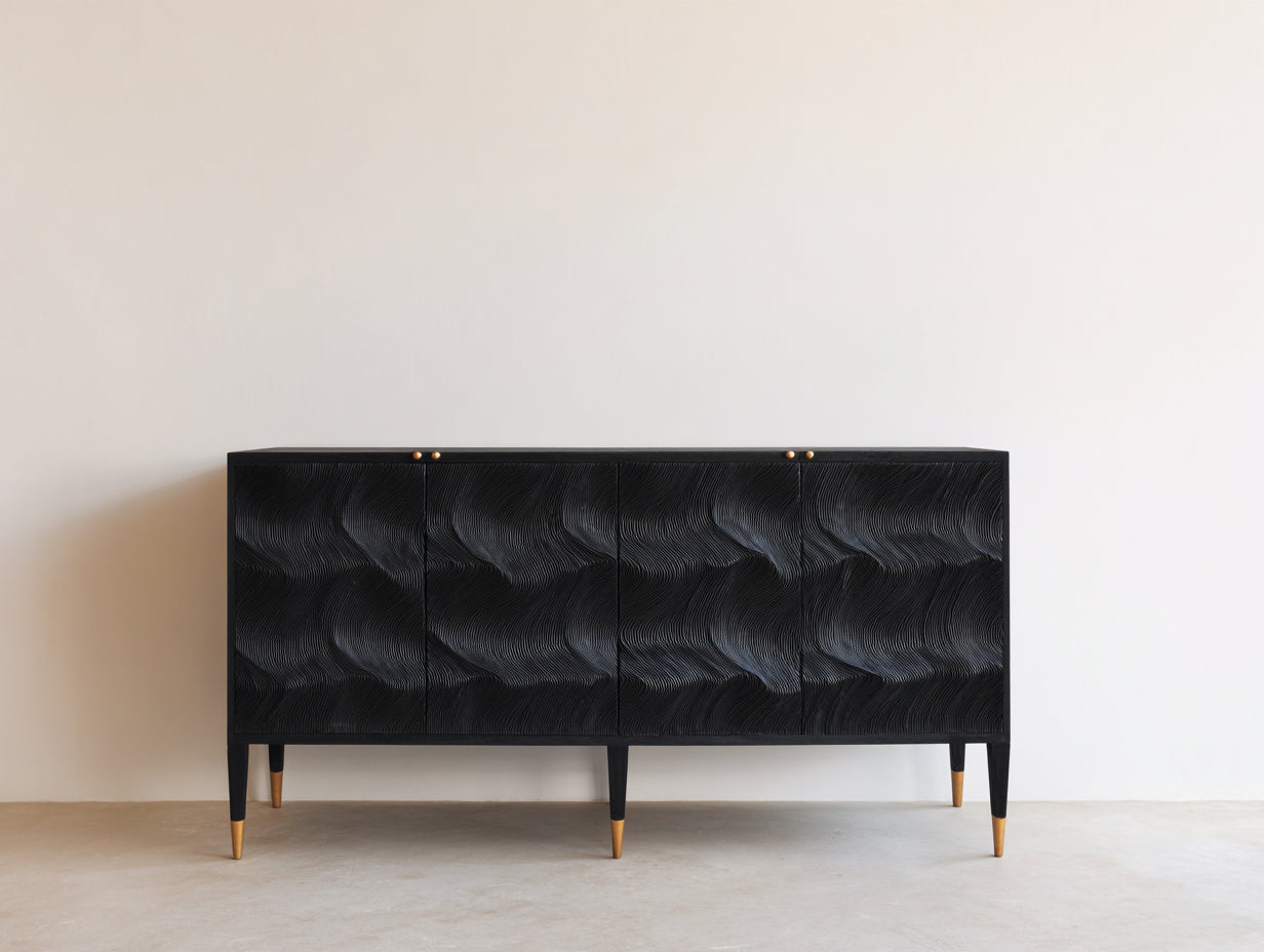Meuble d'entrée en bois noir 170x42x78 cm - adapté à l'entrée - façades sculptées style contemporain