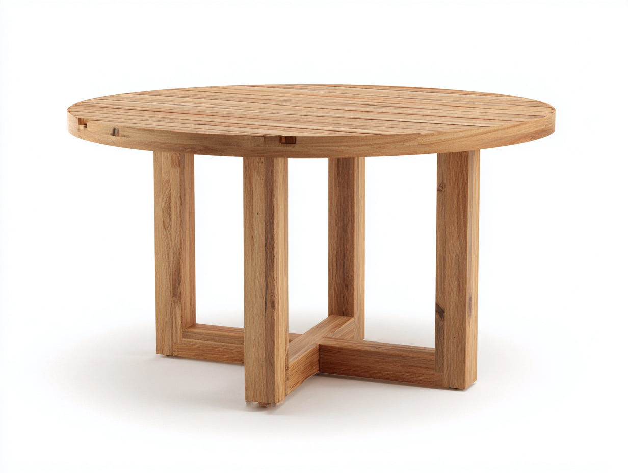Table de jardin en bois naturel 132x132x75 cm - plateau rond à lattes - base ajourée - style moderne - Adapté au jardin