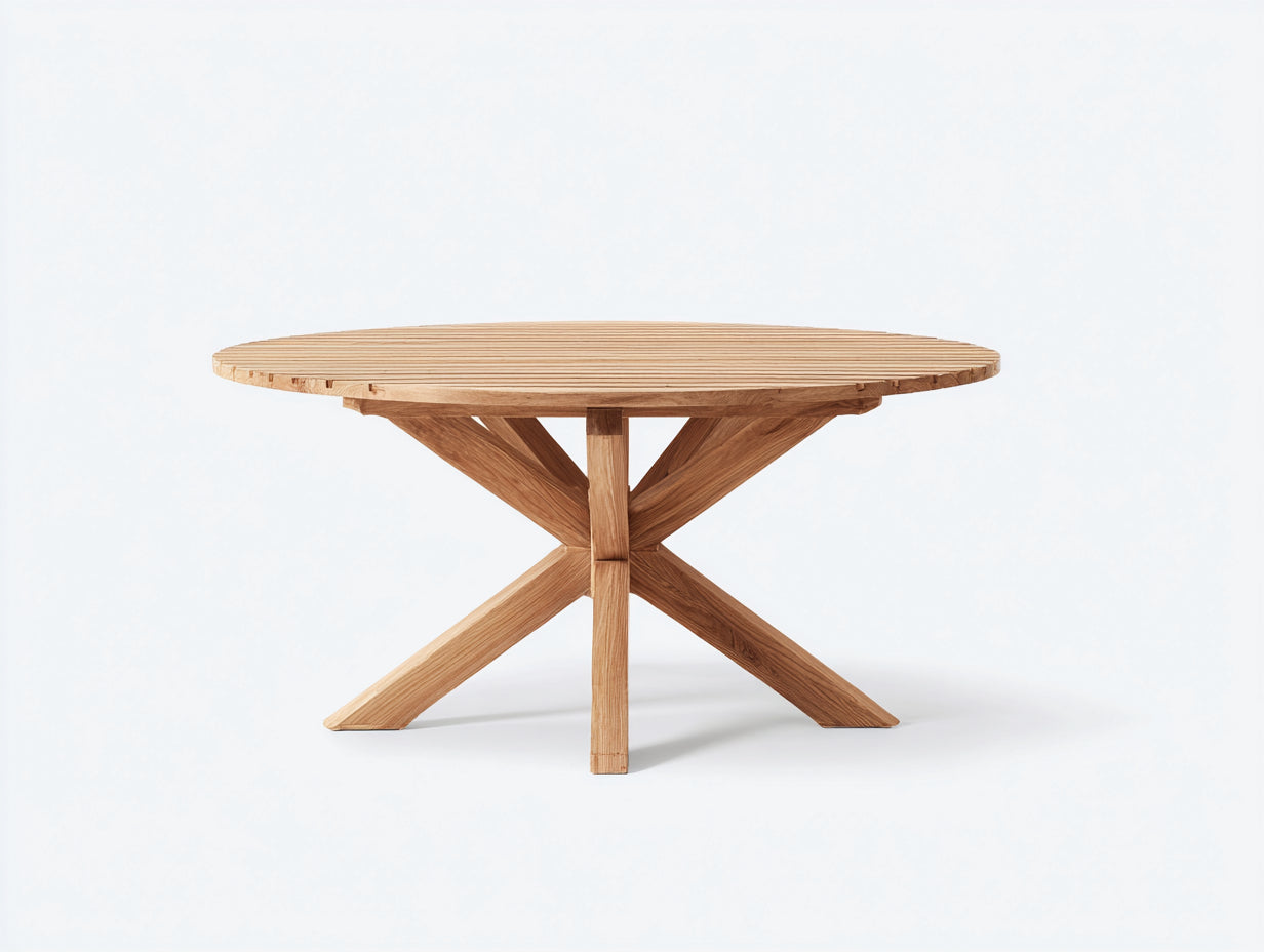 Table de jardin en bois naturel 142x142x74 cm - adapté à l'extérieur - style rustique avec piètement croisé
