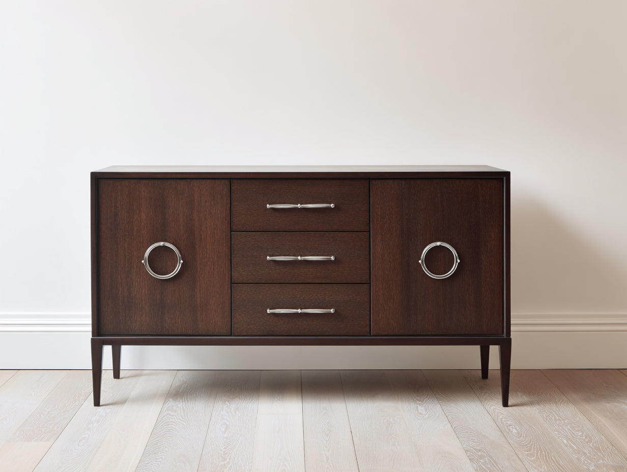 Meuble d'entrée en bois brun foncé-argenté 162x41x78 cm - adapté à l'entrée - style vintage avec portes et tiroirs