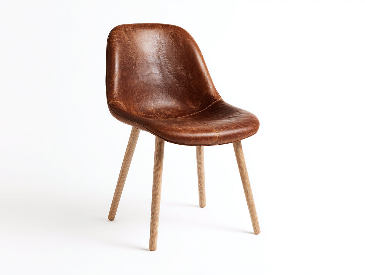 Chaise de salle à manger en cuir marron-bois naturel 54x55x82 cm - adaptée à la salle à manger - style contemporain avec dossier incurvé