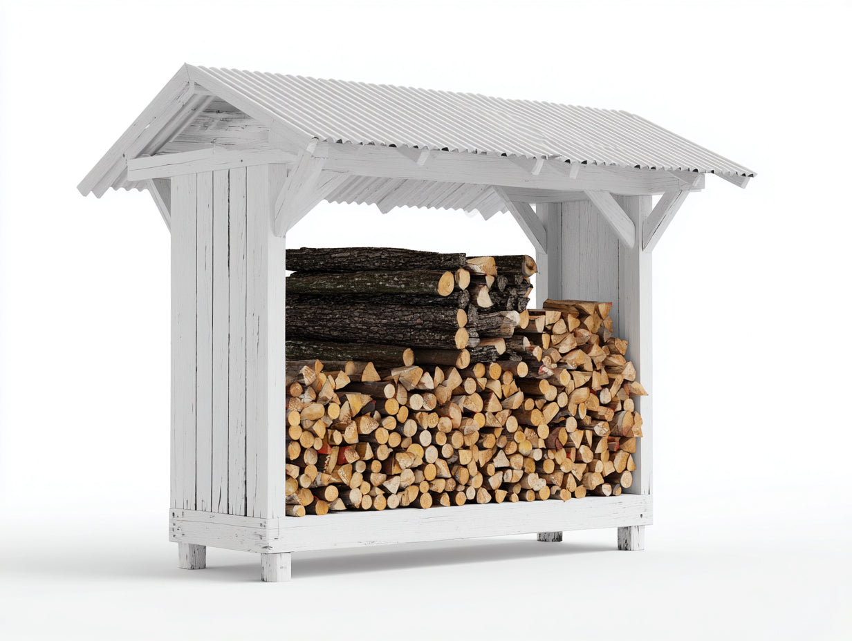 Abri à bûches en bois blanc 185x62x168 cm - adapté au jardin - style rustique avec toit ondulé