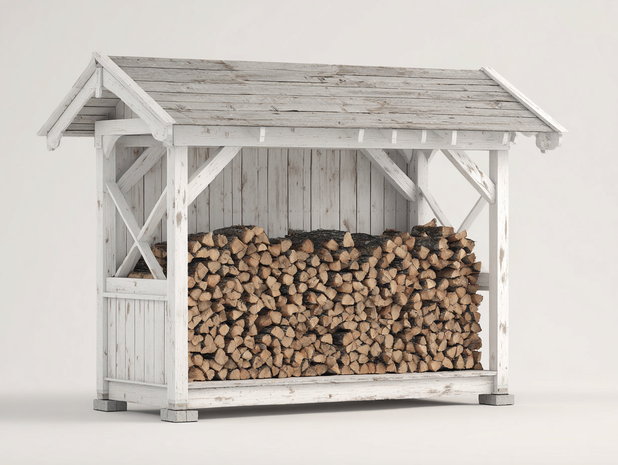 Abri à bûches en bois blanc vieilli 220x72x178 cm - pour jardin - toit incliné - rangement extérieur